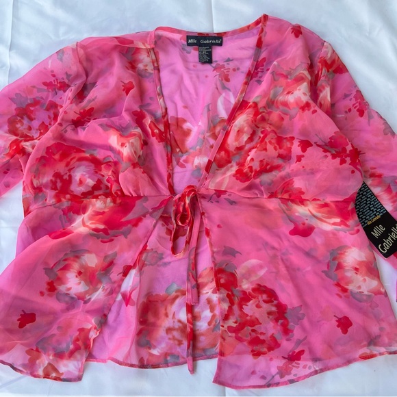 Y2K Mlle Gabrielle Pink Sheer Tie Front Blouse - Picture 4 of 4